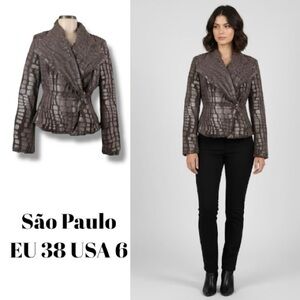 SÃO PAULO Blazer Women’s EU 38 US 8 Croc Alligator Reptile Taupe Faux Fur Jacket